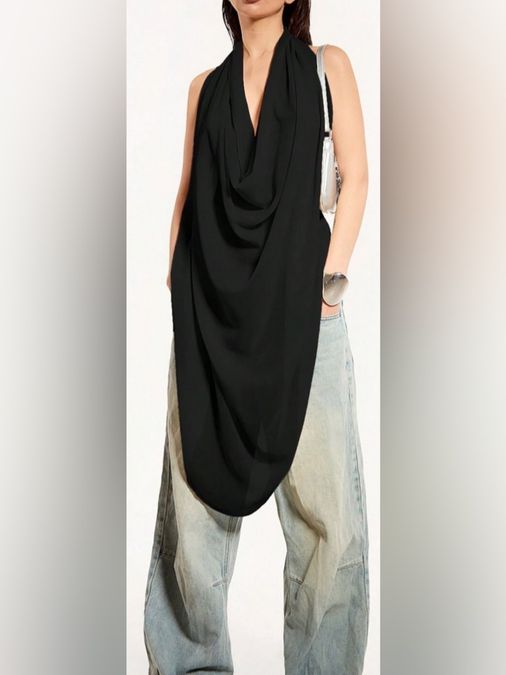 NEW Flowy Sheer Cowl Neck Drape Backless Chiffon Top